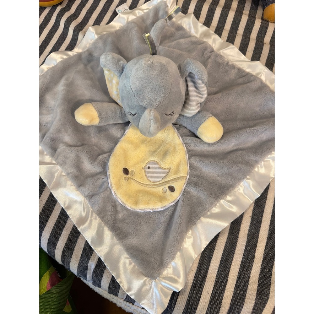 Douglas Baby Elephant Lovey Security Blanket Gray Yellow Satin Trim Bird Plush